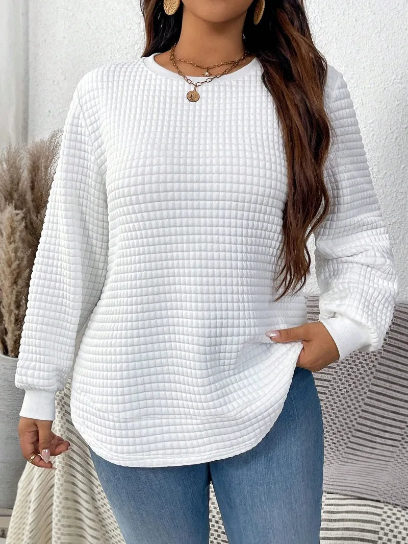 Plus-Size Women's Spring And Winter Fashion Casual Solid Color Checkered Pullover Sweatshirt Suitable For Commuting Travel