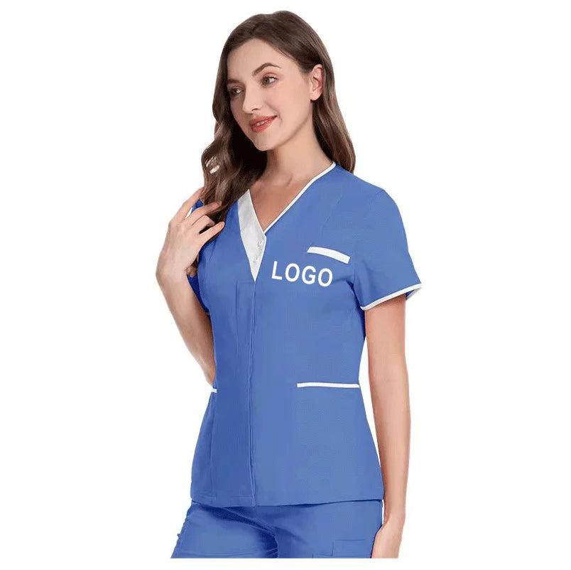 Custom Nurse UniformScrubs Tops Short Sleeve Pocket Clinic Nursing Scrub Tops Healthcare Carer Tunic Design Print Logo