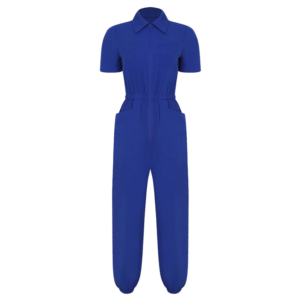 Women Scrub Jumpsuit Nurse Doctor Medical Esthetician Workwear Short Sleeve Multi-pockets Elastic Waist Jogger Pants Rompers