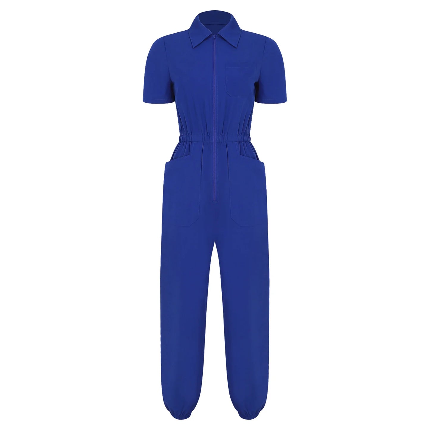 Women Scrub Jumpsuit Nurse Doctor Medical Esthetician Workwear Short Sleeve Multi-pockets Elastic Waist Jogger Pants Rompers