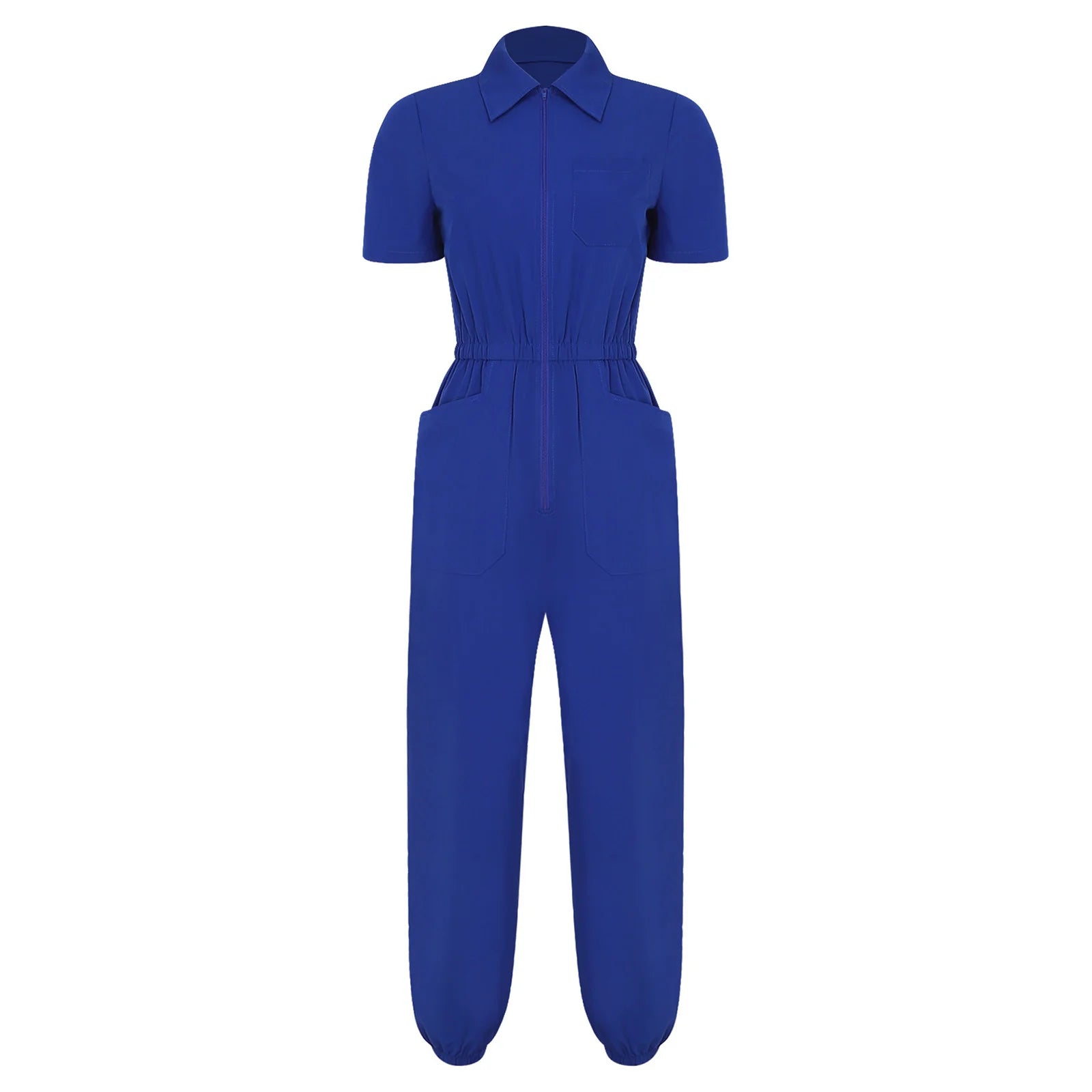 Women Scrub Jumpsuit Nurse Doctor Medical Esthetician Workwear Short Sleeve Multi-pockets Elastic Waist Jogger Pants Rompers