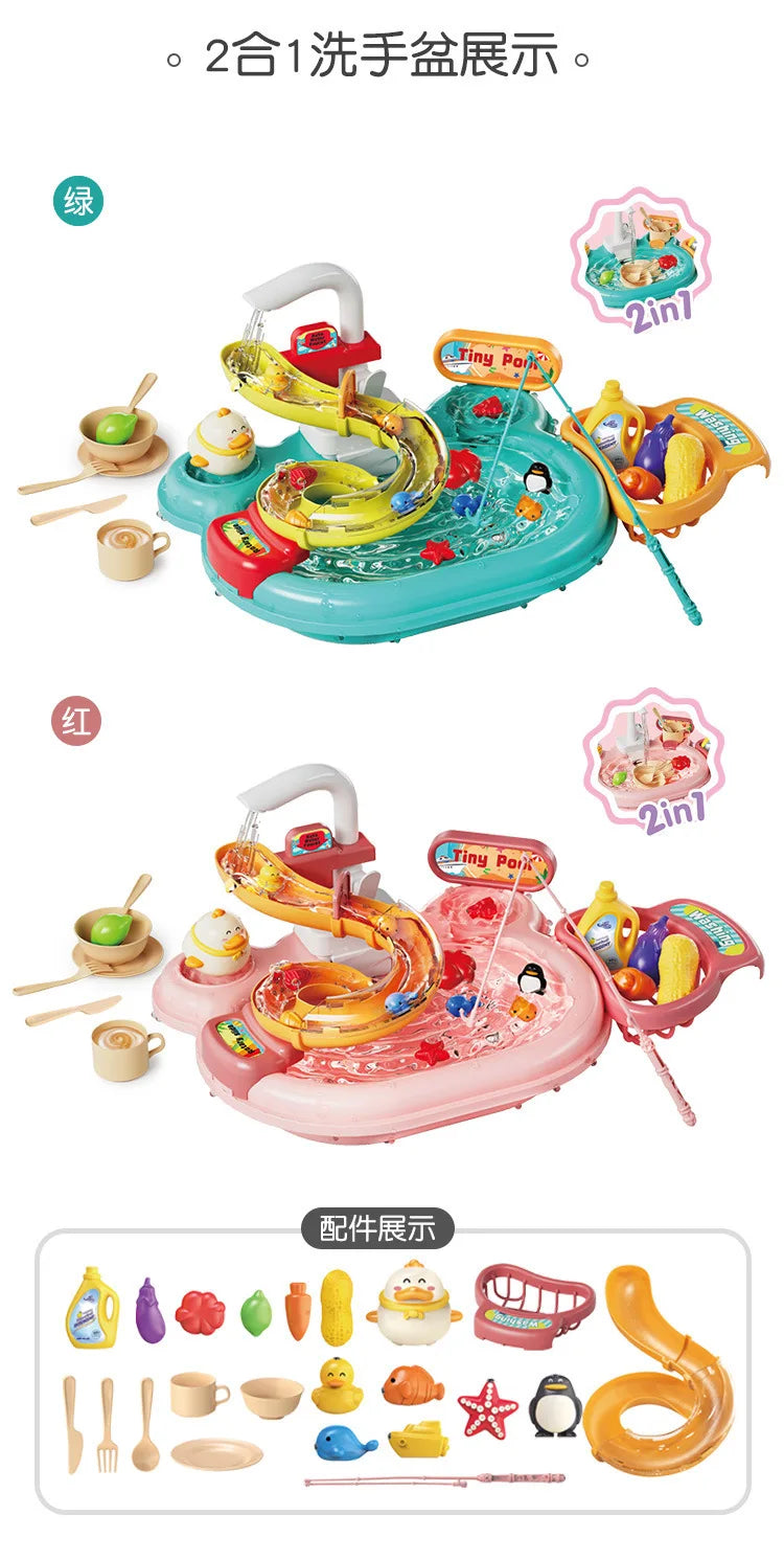 Children's Fishing Toys Electric Pretend Play Toys Dishwashing Basin Toys Gift Kitchen Interactive Toys 2-in-1 Slide Fishing Toy