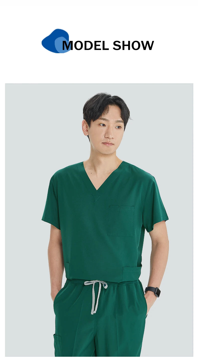 Green Hospital Work Uniforms Short-sleeved Doctor Outfit Clinical Scrub Set for Women Men Nurse V-neck Top Jogger Pant Scrub S21
