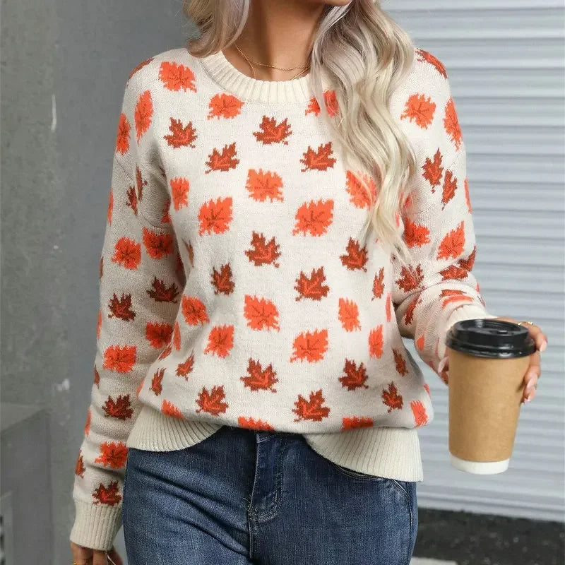 Women Casual Sweaters O Neck Pullovers Warm Outerwear Maple Leaf Print Knitwear Tops Female 2024 Autumn Winter Women Clothing