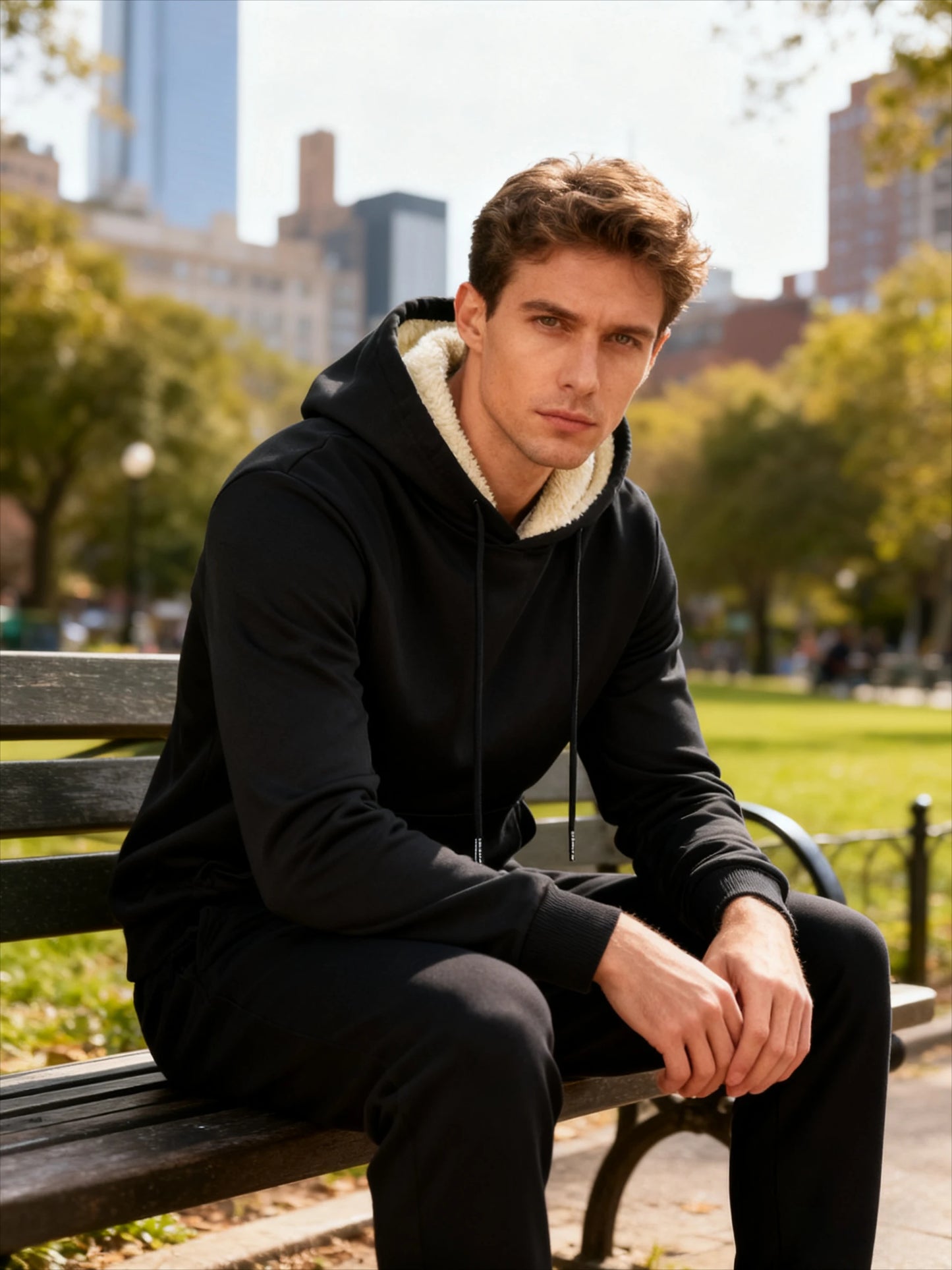 Winter Men's Fleece Hoodies Solid Color Casual Warm Long Sleeve Pullover New Crew Neck Hooded Sweatshirt Streetwear Men Clothing