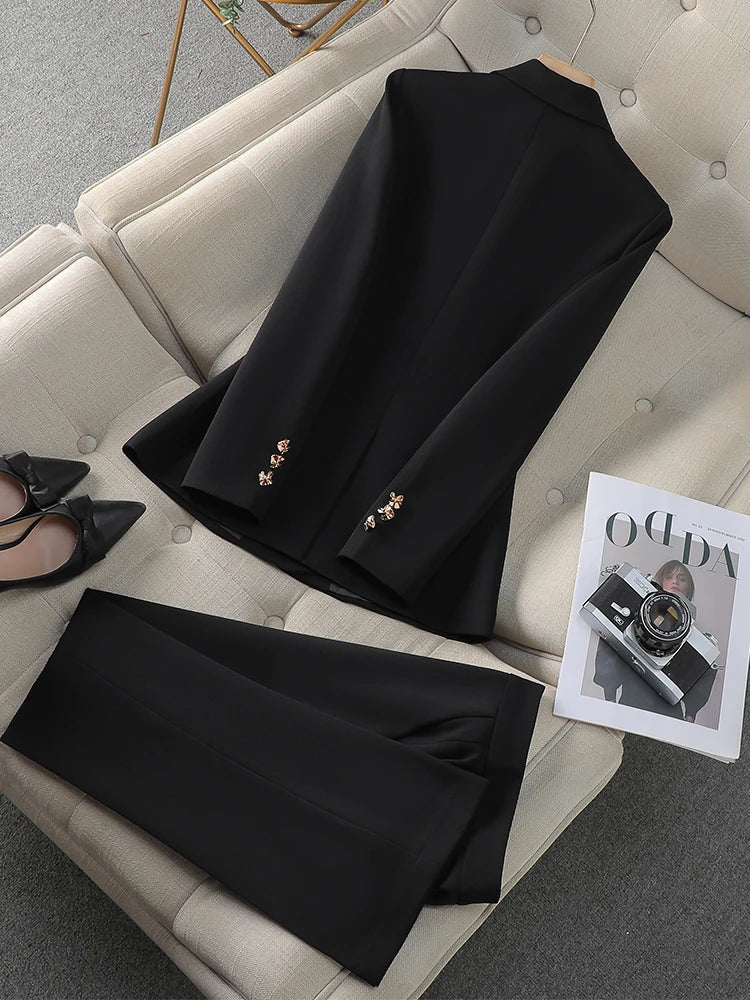 Autumn Winter Pink Black Beige Women Pant Suit 2 Piece Set Ladies Female Business Work Wear Formal Blazer Jacket And Trouser