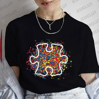 Autism Awareness Love Puzzle Graphic T-shirt for Women Summer Harajuku Streetwear Short Sleeve Tees Female Oversized Clothing