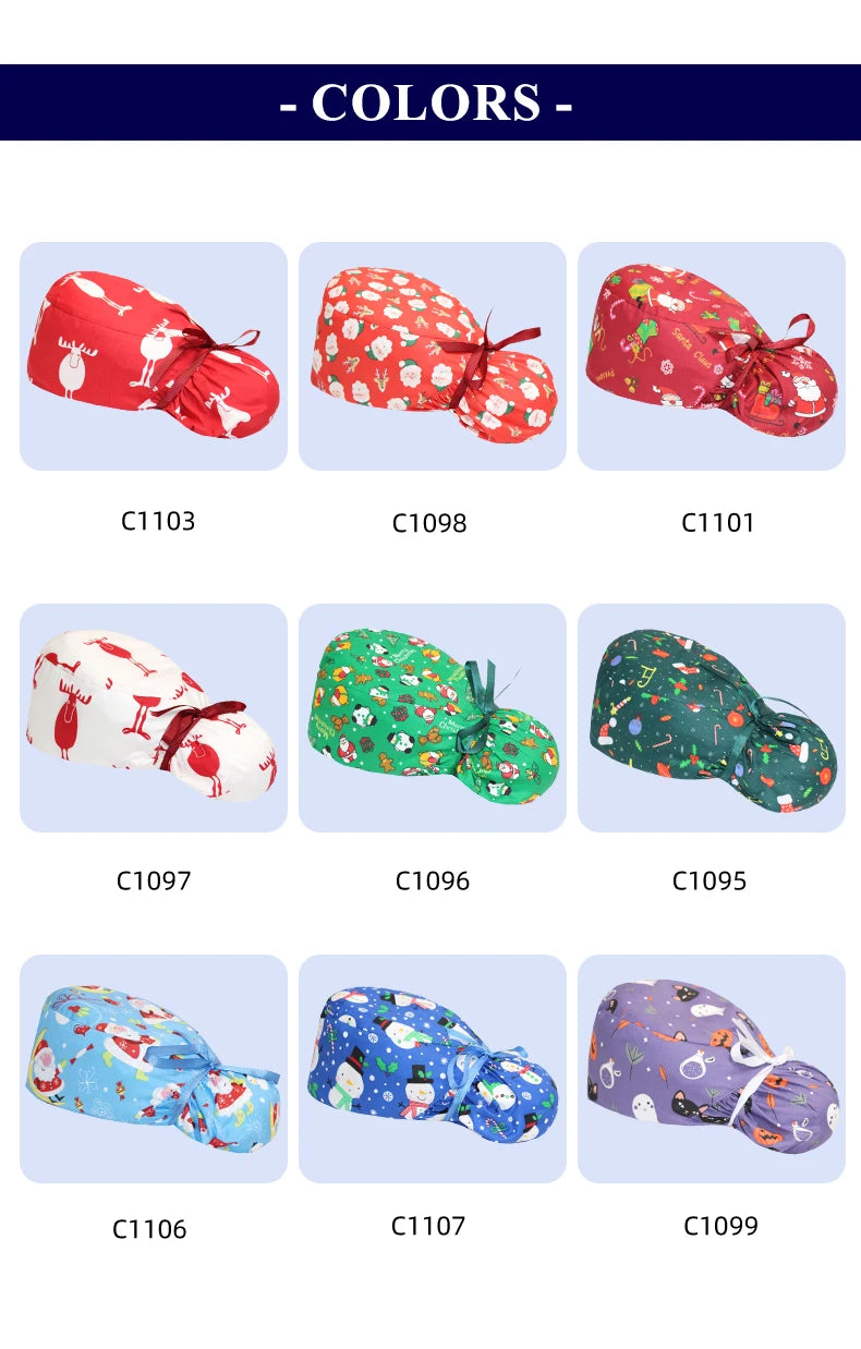 Christmas Snowman Scrub Caps for Long Hair Cotton Surgical Hats Dental Nursing Caps Women Men Hospital Clinic Medical Caps C1093