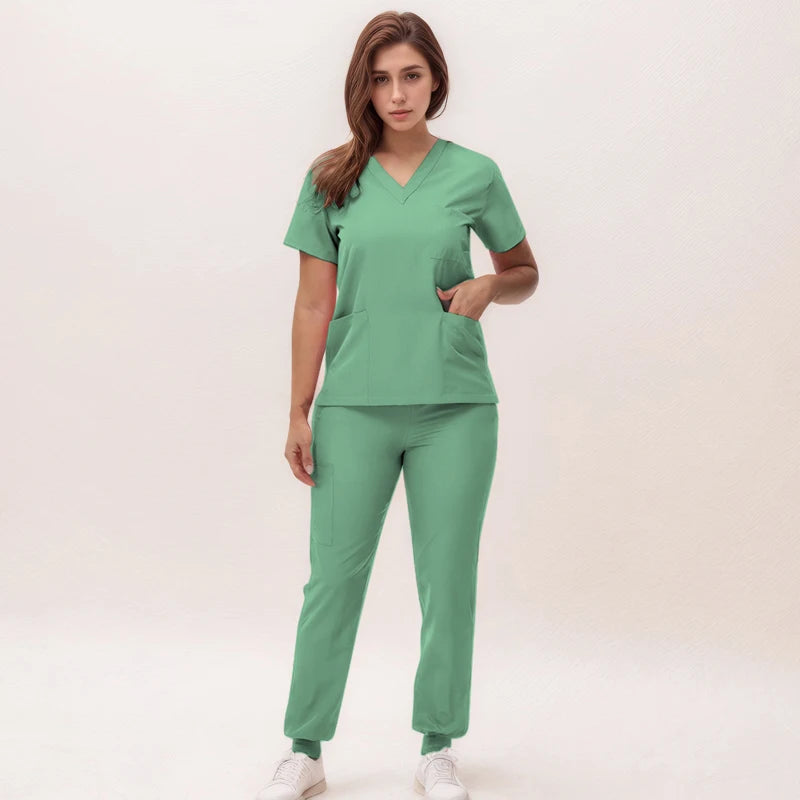Short Sleeves Nurse Uniforms V-neck Top Jogger Pants  Women Surgical Scrubs Dentist Nursing Suit Pet Hospital Doctor Outfit S21