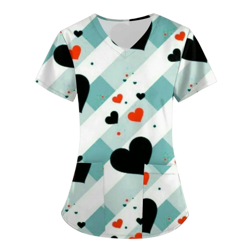 Clinical Uniform Woman V-Neck with Pocket Nurse Uniforms Comfortable Valentine's Day 3D Pattern Printed Women's Medical Uniform