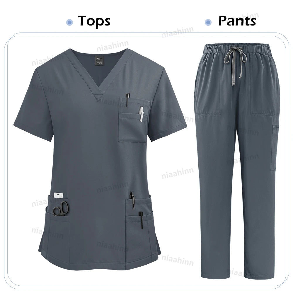 Elastic Scrub Set Operating Room Surgical Uniform Dental Veterinary Work Uniforms V-neck Short Sleeved Tops Pants Suit Wholesale