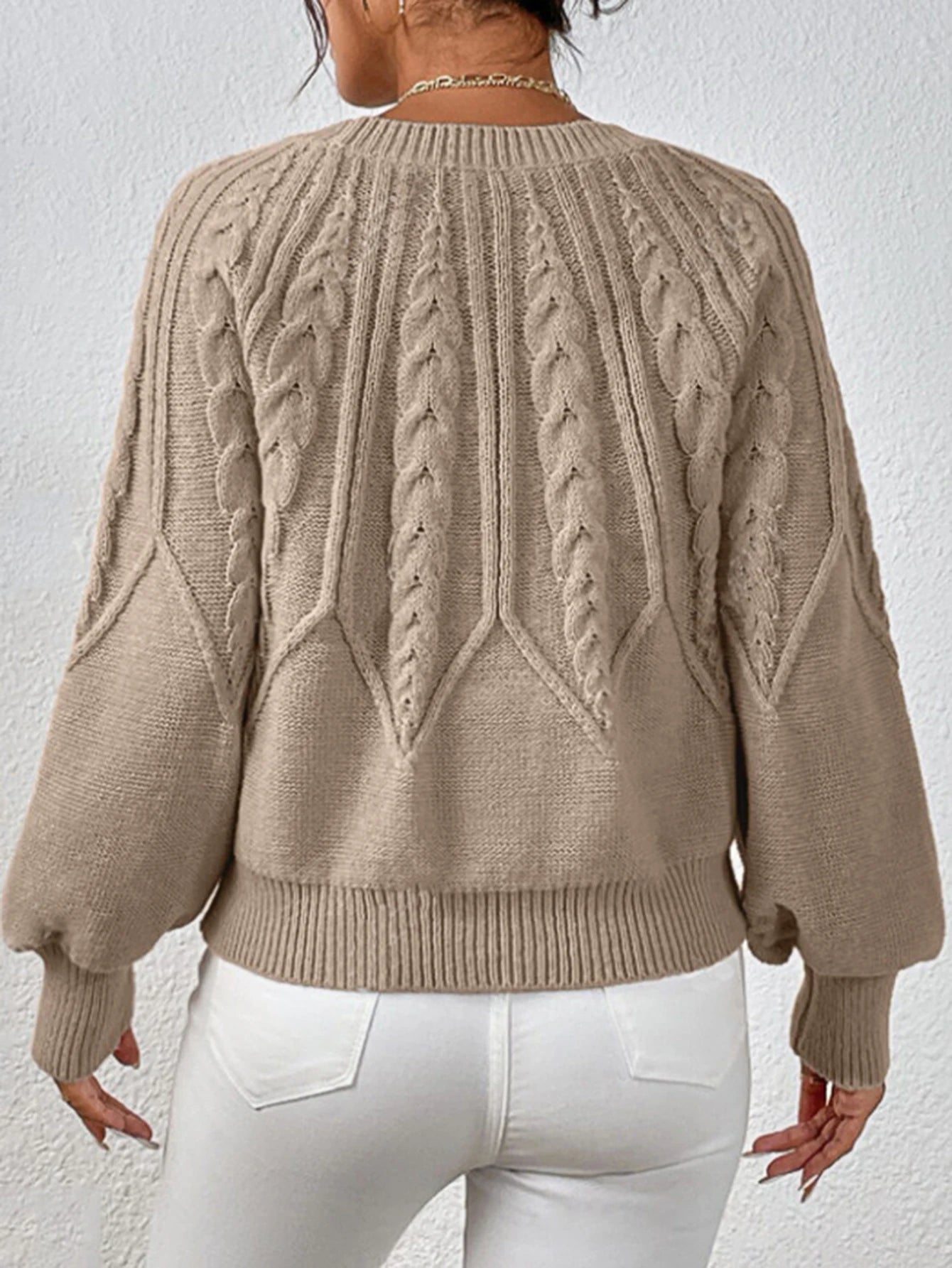 Autumn Winter Sweater 2025 Women's Elegant Plain Texture Long Lantern Sleeve Crew Neck Basics Sweater
