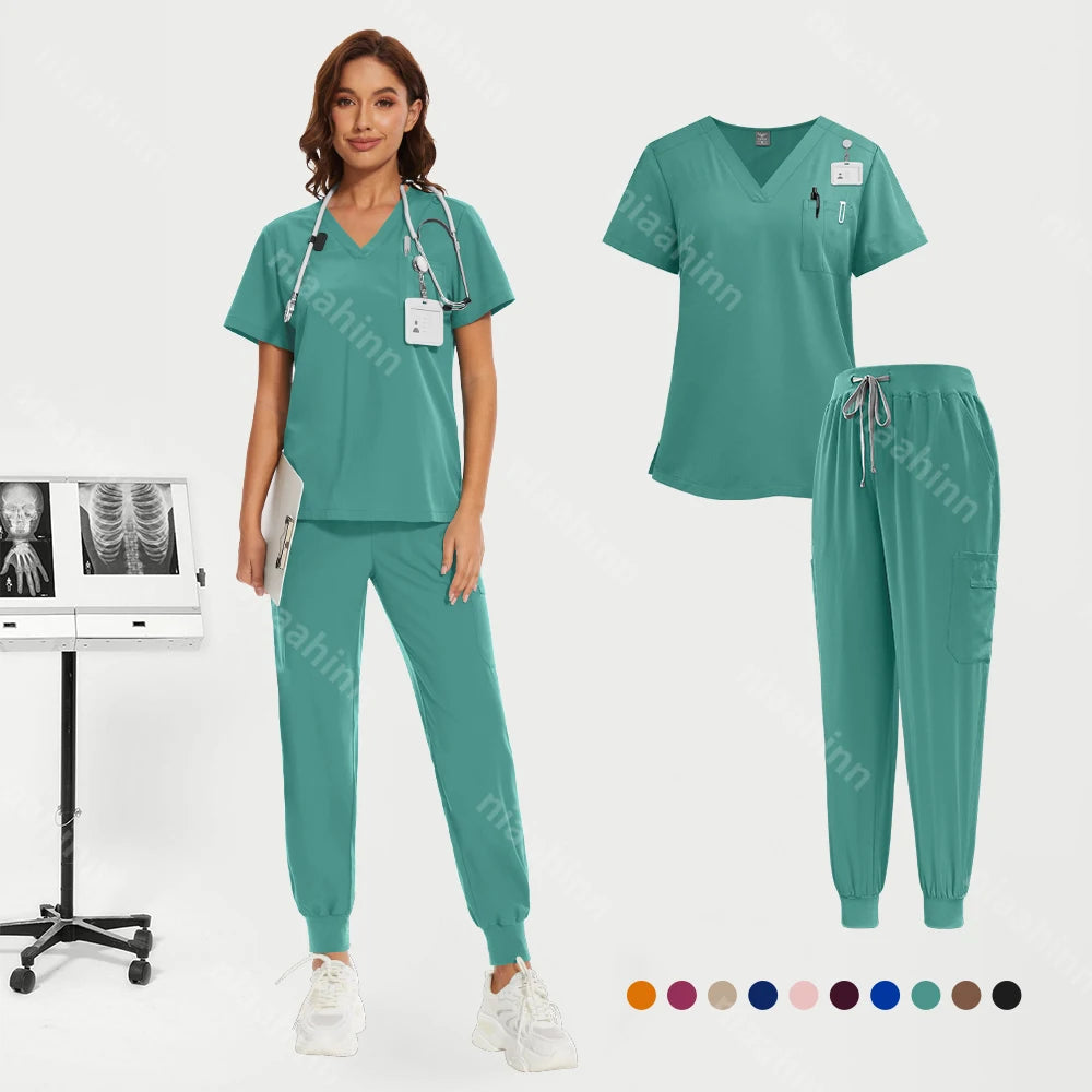 Niaahinn Medical Nurse Scrubs Tops+Pant Beauty Salon Spa Workwear Clinical Doctor Nursing Suit Surgical Uniforms Women Scrub Set