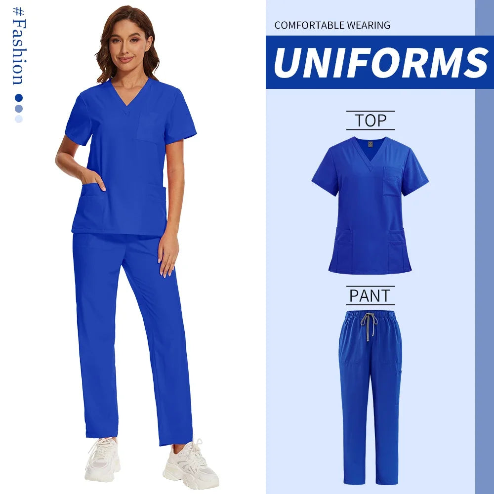 Nursing Operating Room Clothes Medical Scrubs Uniform Women Nurse Scrub Set Pocket Top+Pants 2 Piece Suit