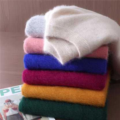 Autumn Winter Sweater Pullover Women's Clothing 100% Mink Cashmere Sweater Pullover O-Neck Basic Long Sleeve Warm Fleece Knitted