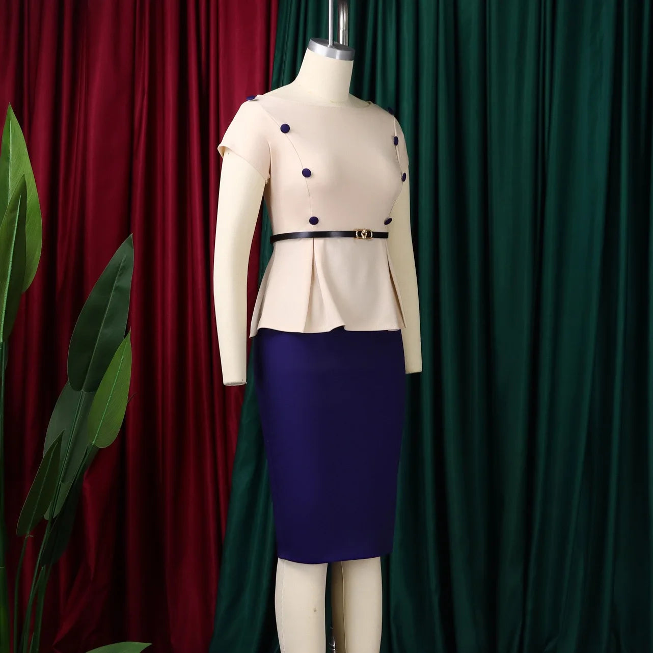 Elegant Office Dresses for Women O Neck Short Sleeve Belt Waisted Package Hips Mid Calf Professional Business Work Dress Midi OL