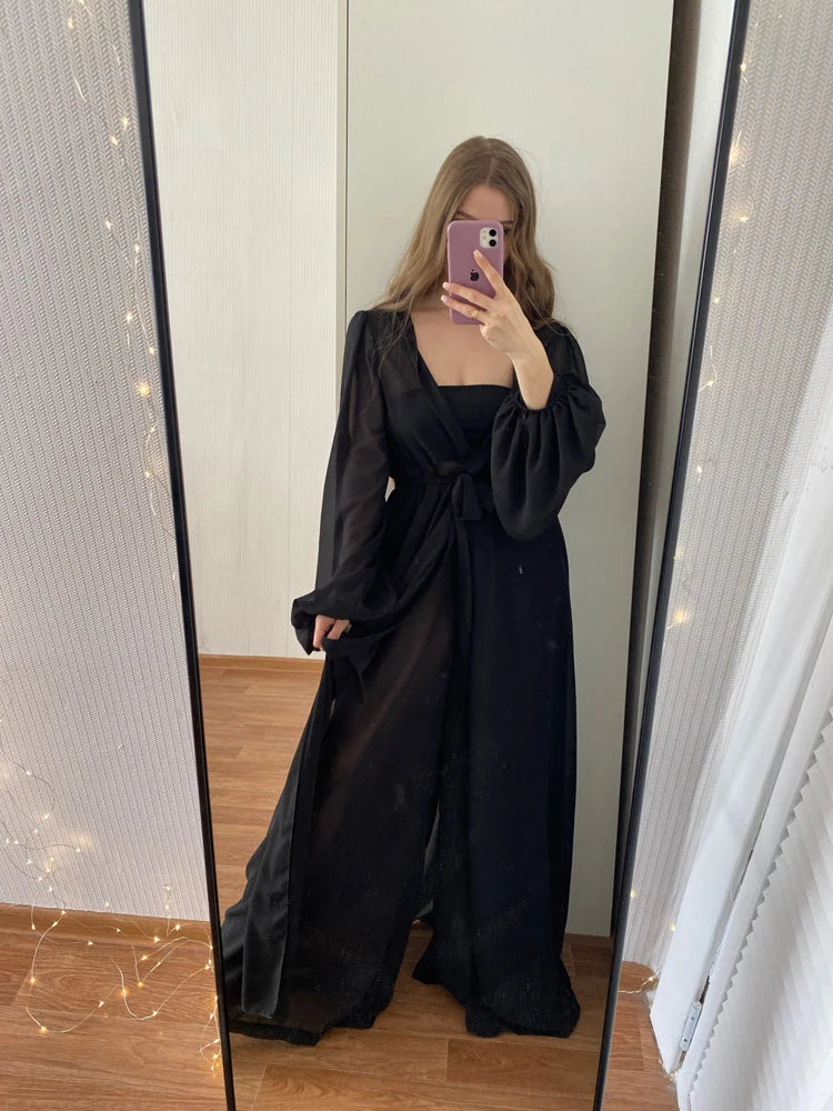 Women 3 Piece Sets Homewear Fashion Casual Lantern Sleeve Cardigan Tops+Wide Leg Pants Suits Lady Spring Soft Three Piece Outfit