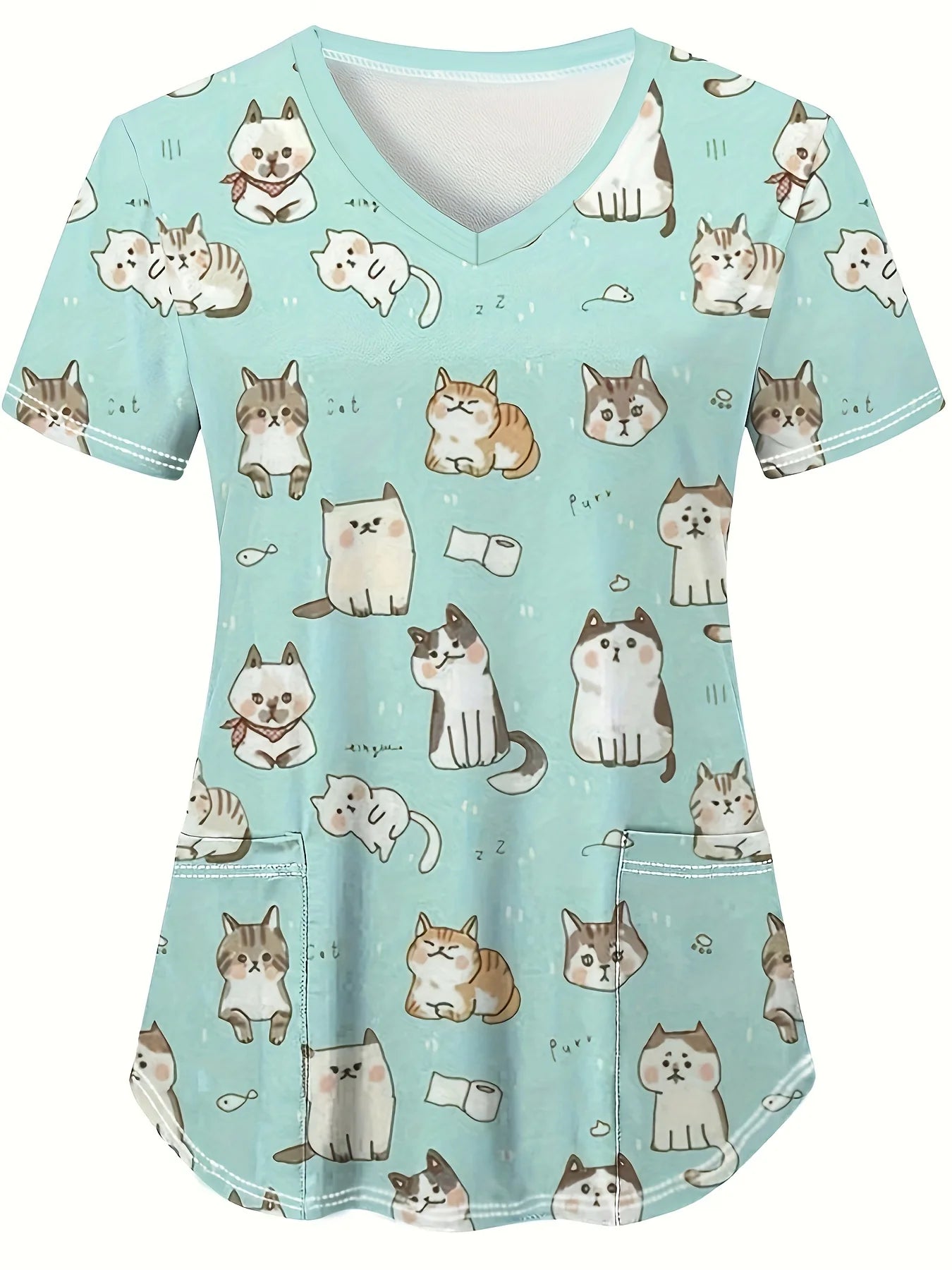 Medical Uniform for Women cute Cat and Dog Print V-Neck Clinical Uniform Short Sleeve Patch Pocket Tops Surgical Uniforms Woman