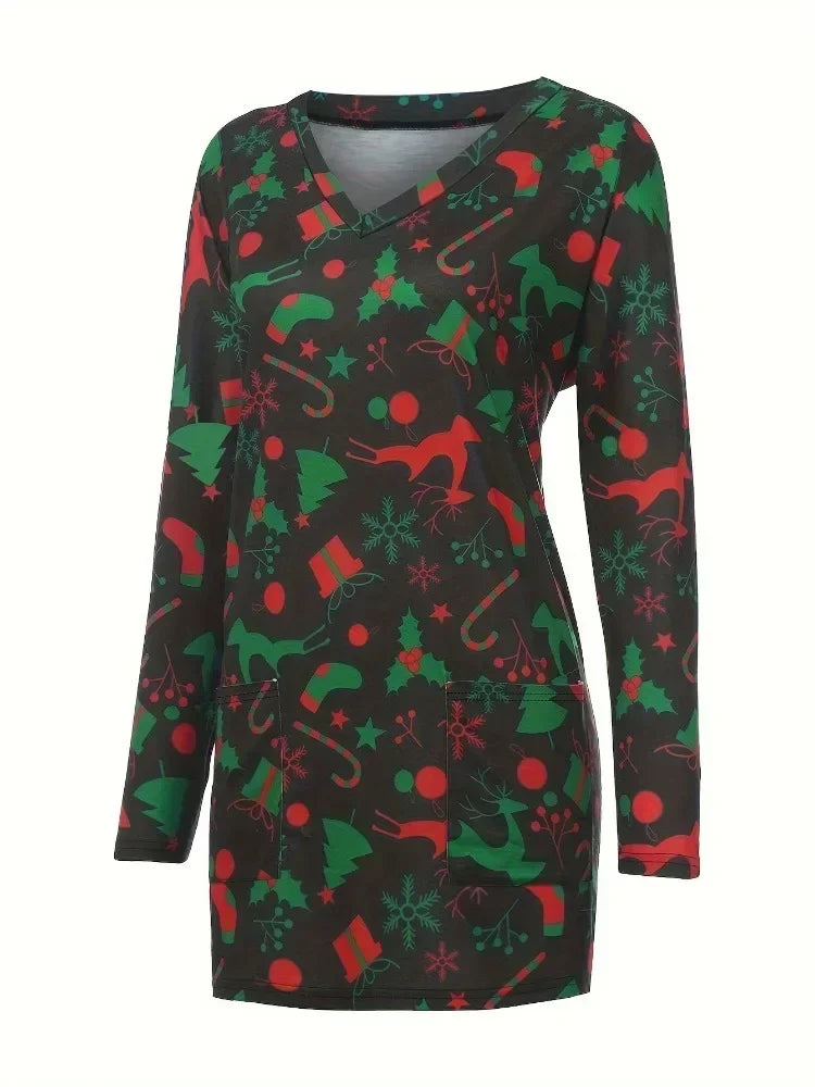 Plus Size Women's Fashion Christmas Printed Pocket Long Sleeved T-shirt Ladies Casual Autumn Winter Home Clothes Long Tee Tops