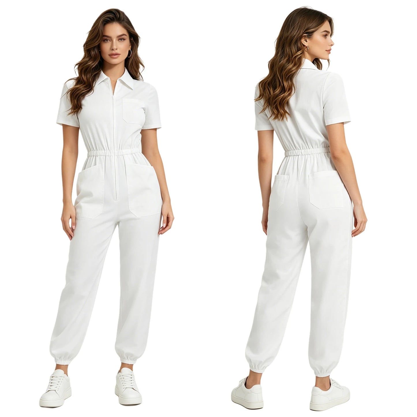 Women Scrub Jumpsuit Nurse Doctor Medical Esthetician Workwear Short Sleeve Multi-pockets Elastic Waist Jogger Pants Rompers