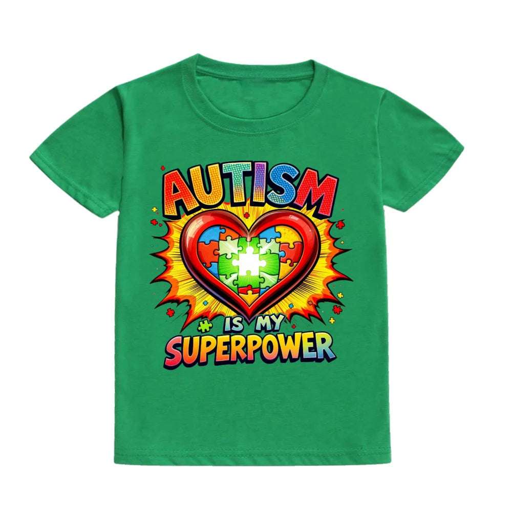 Autism Is My Superpower Kids Tshirt Autism Awareness Youth Shirt Toddler Short Sleeve Clothes Colorful Puzzle Boys Tee