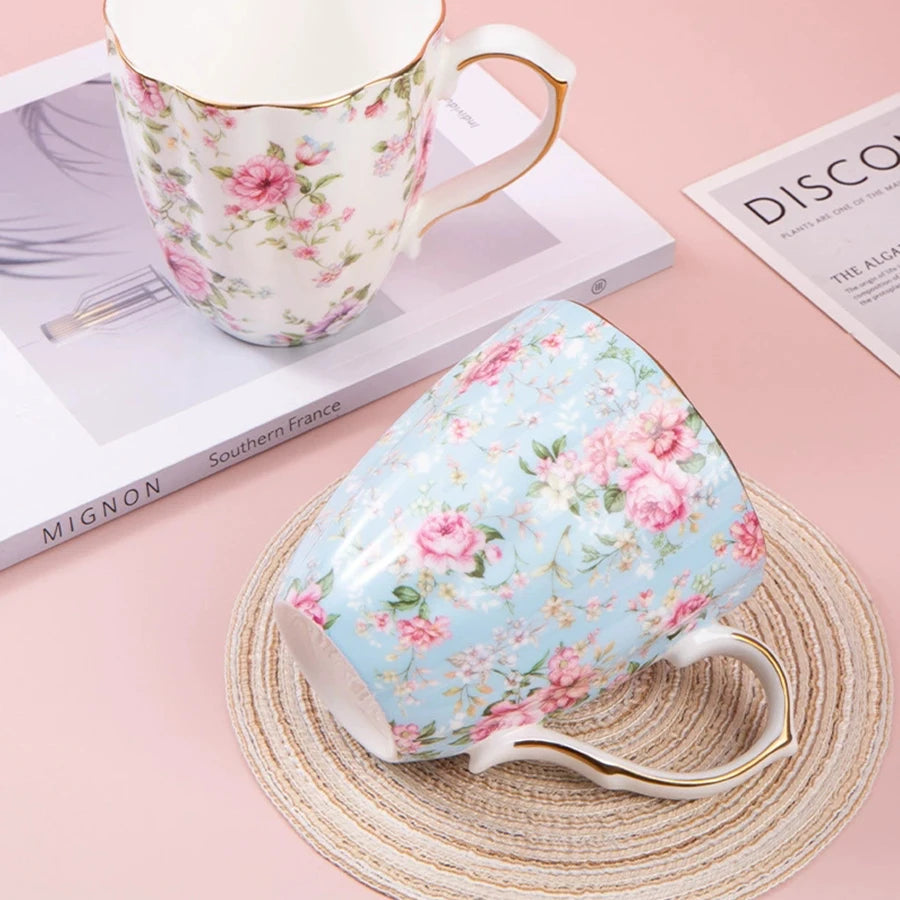 460ML Pumpkin-shaped Ceramic Mug Full cup of flower pattern Coffee Cup Big capacity Breakfast Milk tea cups Gift For Kids Girls