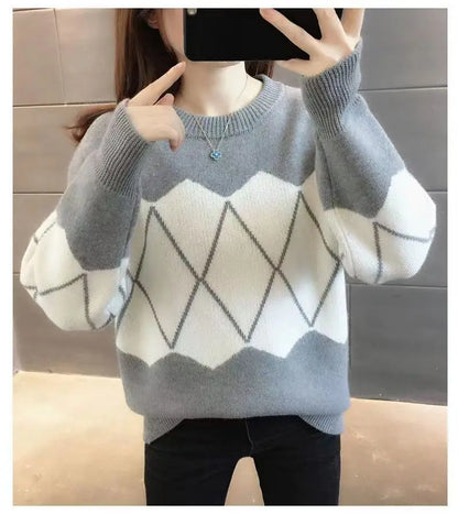 Sweater Women's Autumn and Winter New Warmth Thick Knitted Sweater Color-blocking Slim Base Shirt Top Base Shirt
