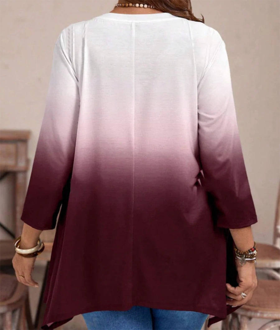 Plus size gradient printed T-shirt for women casual round neck long sleeve top for spring and autumn wear.