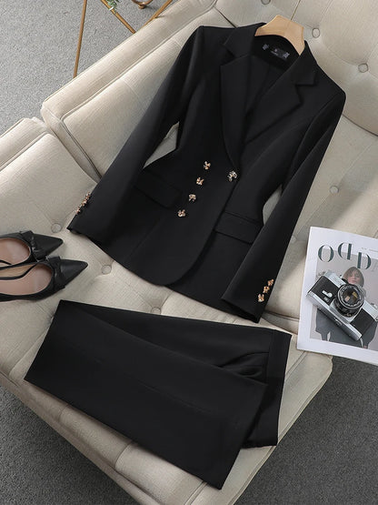 Autumn Winter Pink Black Beige Women Pant Suit 2 Piece Set Ladies Female Business Work Wear Formal Blazer Jacket And Trouser