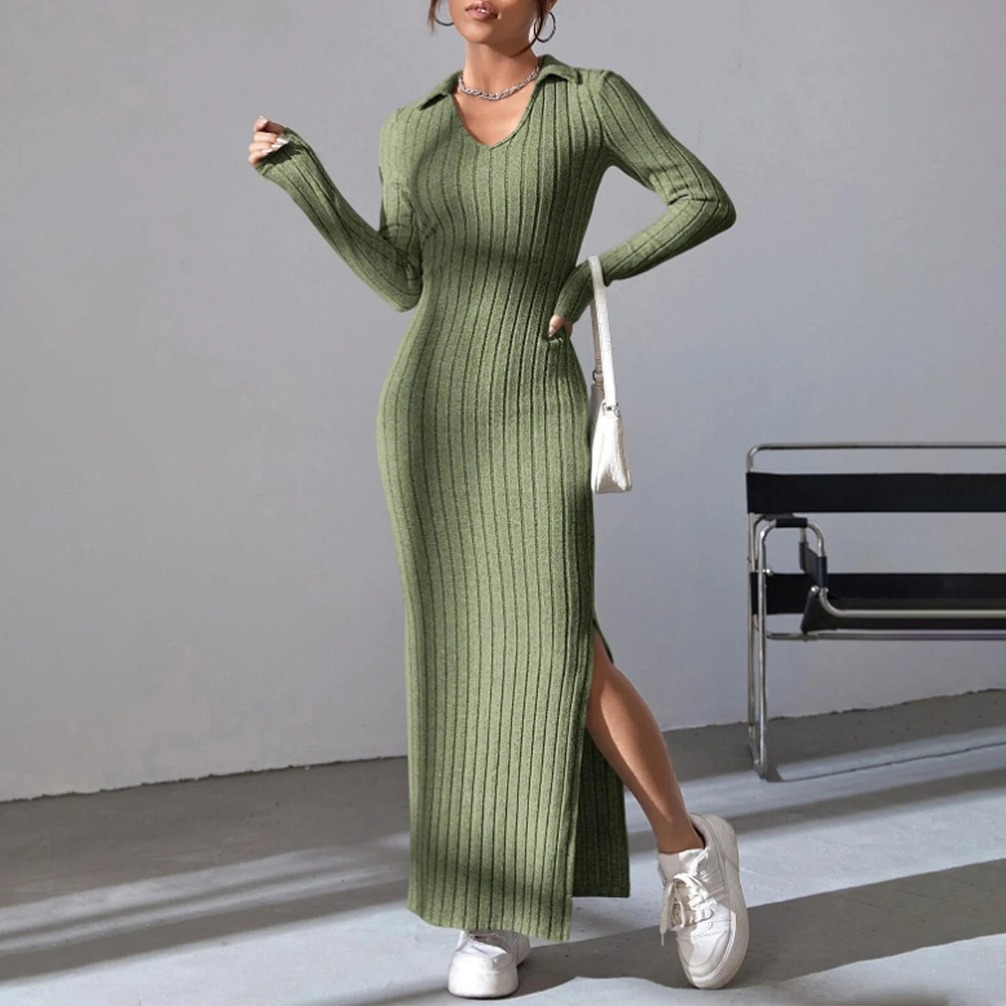 Women's Fall Winter Knitted Dress Long Sleeve Lapel Collar Solid Color Bodycon Long Dress Going Out Dress