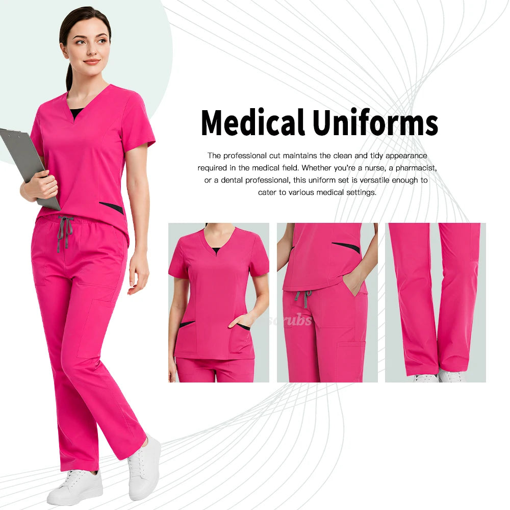 Medical Uniforms for V-neck Hospital Nurse Scrubs Set Women Doctor Workwear Oral Dental Surgery Work Top+Pants New Beauty Suit