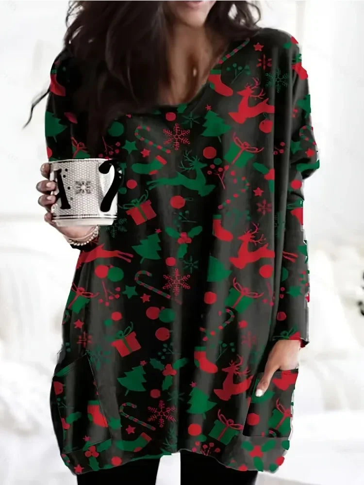 Plus Size Women's Fashion Christmas Printed Pocket Long Sleeved T-shirt Ladies Casual Autumn Winter Home Clothes Long Tee Tops