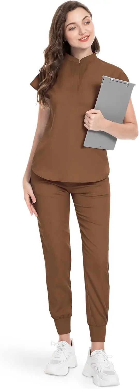 niaahinn Scrubs Set for Women Nurse Uniform Jogger Suit Stretch Top & Pants with Multi Pocket for Nurse Esthetician Workwear