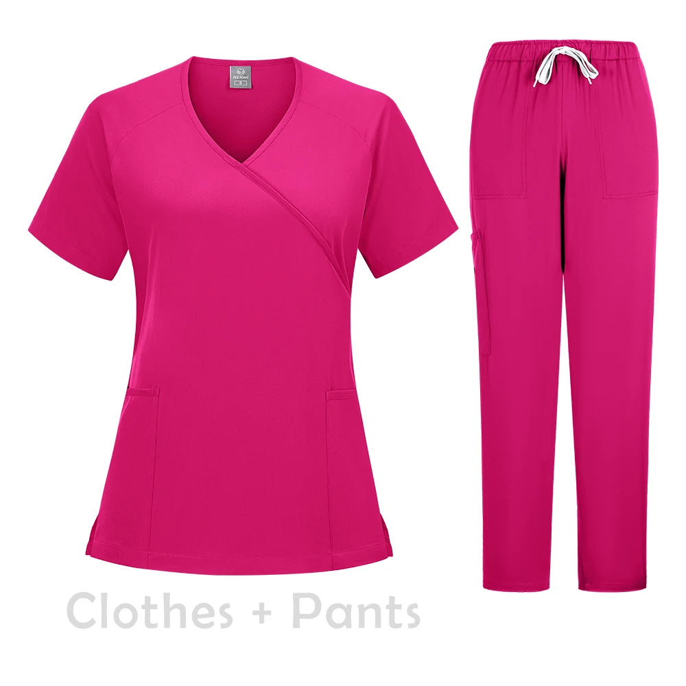 New Scrubs Set Medical Uniforms Stretch Scrub Tops with Pocket Pants Nurse Uniform Doctor Surgery Overalls Beauty Salon Workwear