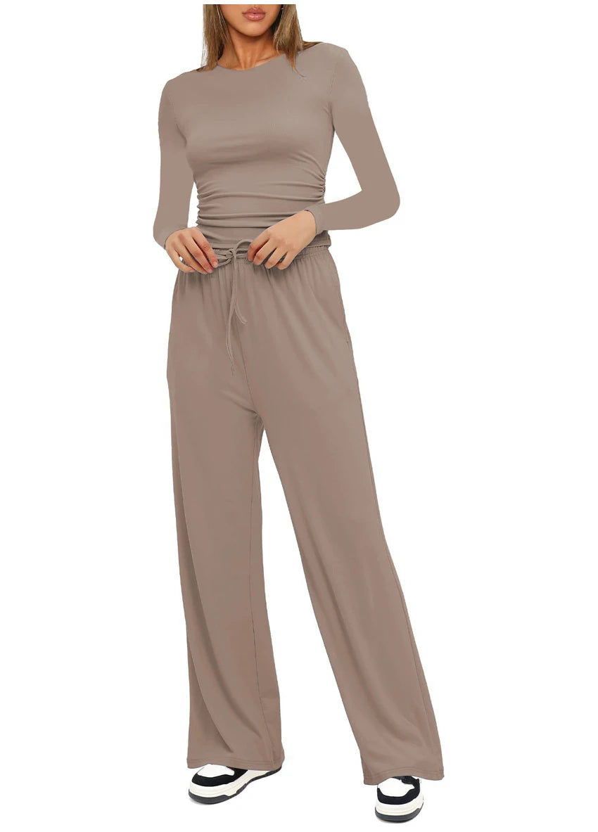 Autumn Winter Trend Fashion Women's Two Pieces Set Solid Casual O Neck Long Sleeve T-shirts & High Waist Wide Leg Pants Sets