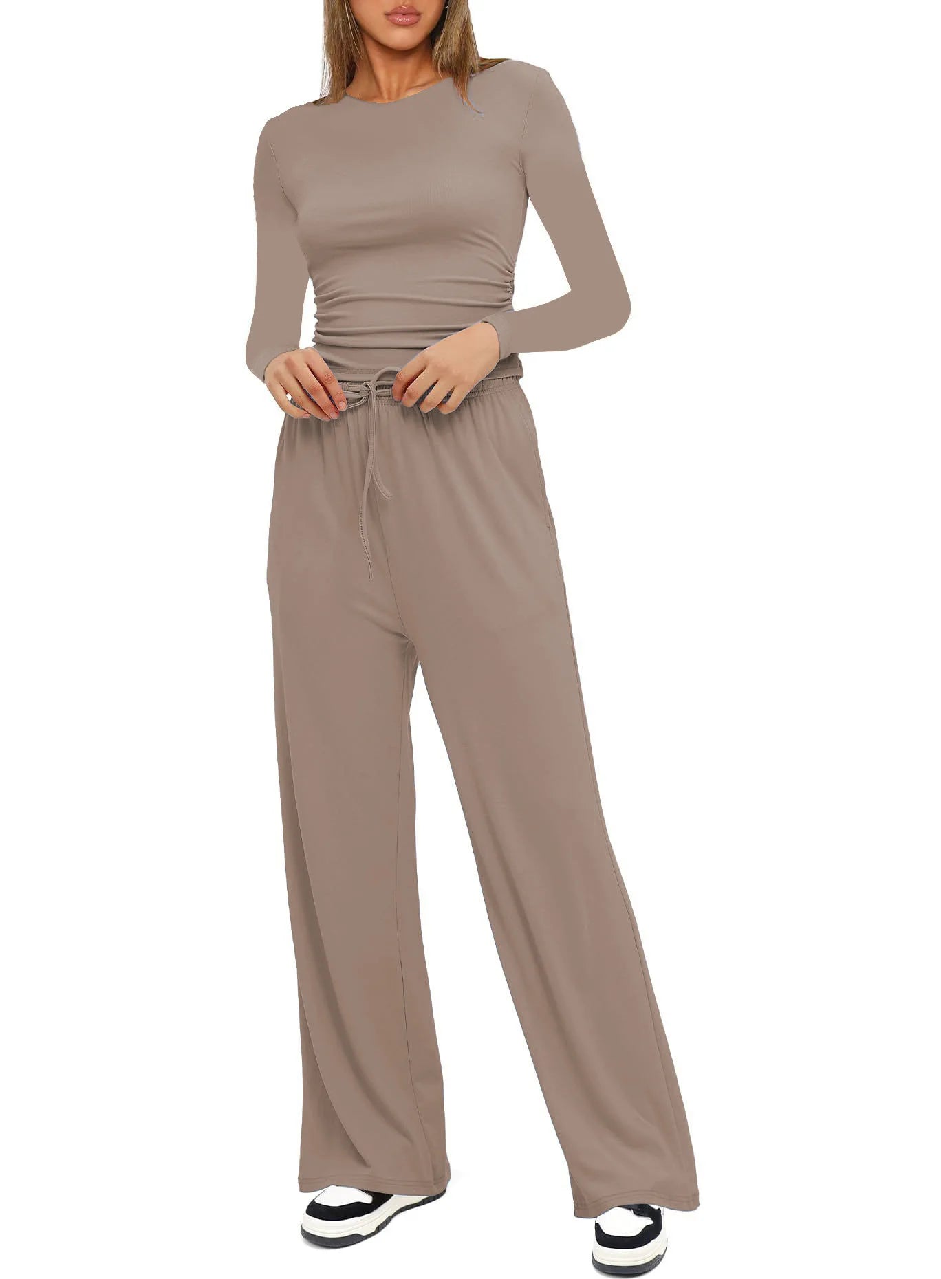 Autumn Winter Trend Fashion Women's Two Pieces Set Solid Casual O Neck Long Sleeve T-shirts & High Waist Wide Leg Pants Sets