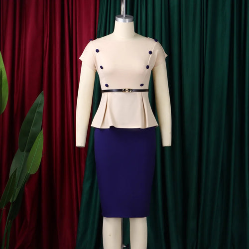 Elegant Office Dresses for Women O Neck Short Sleeve Belt Waisted Package Hips Mid Calf Professional Business Work Dress Midi OL