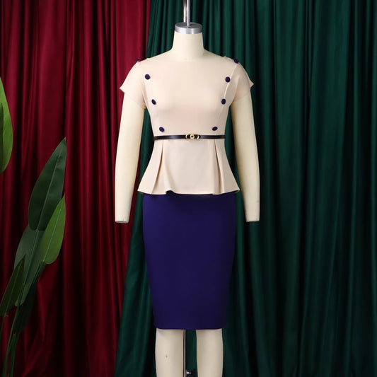 Elegant Office Dresses for Women O Neck Short Sleeve Belt Waisted Package Hips Mid Calf Professional Business Work Dress Midi OL