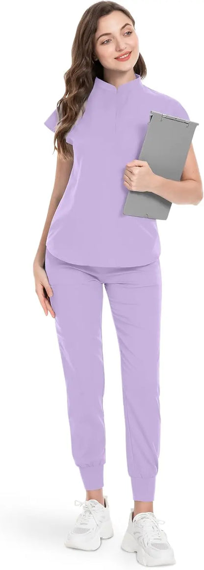 niaahinn Scrubs Set for Women Nurse Uniform Jogger Suit Stretch Top & Pants with Multi Pocket for Nurse Esthetician Workwear