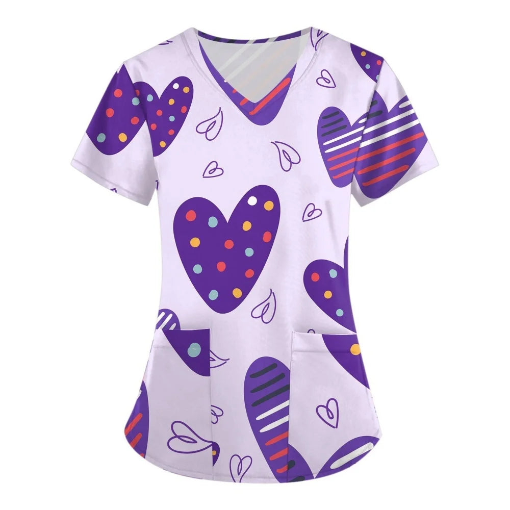 Clinical Uniform Woman V-Neck with Pocket Nurse Uniforms Comfortable Valentine's Day 3D Pattern Printed Women's Medical Uniform