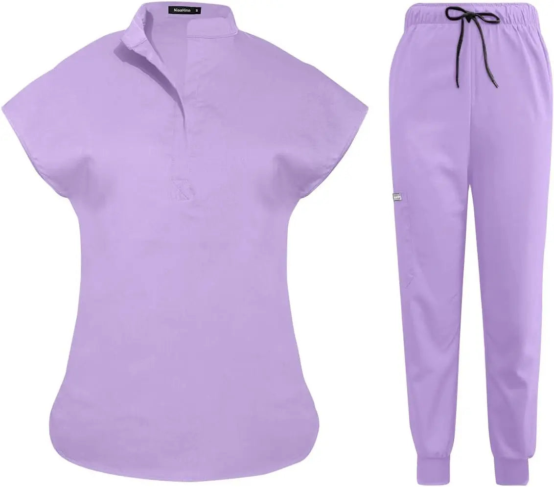 niaahinn Scrubs Set for Women Nurse Uniform Jogger Suit Stretch Top & Pants with Multi Pocket for Nurse Esthetician Workwear