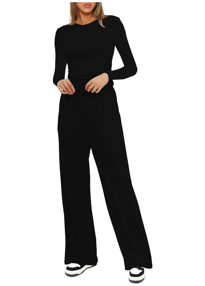 Autumn Winter Trend Fashion Women's Two Pieces Set Solid Casual O Neck Long Sleeve T-shirts & High Waist Wide Leg Pants Sets