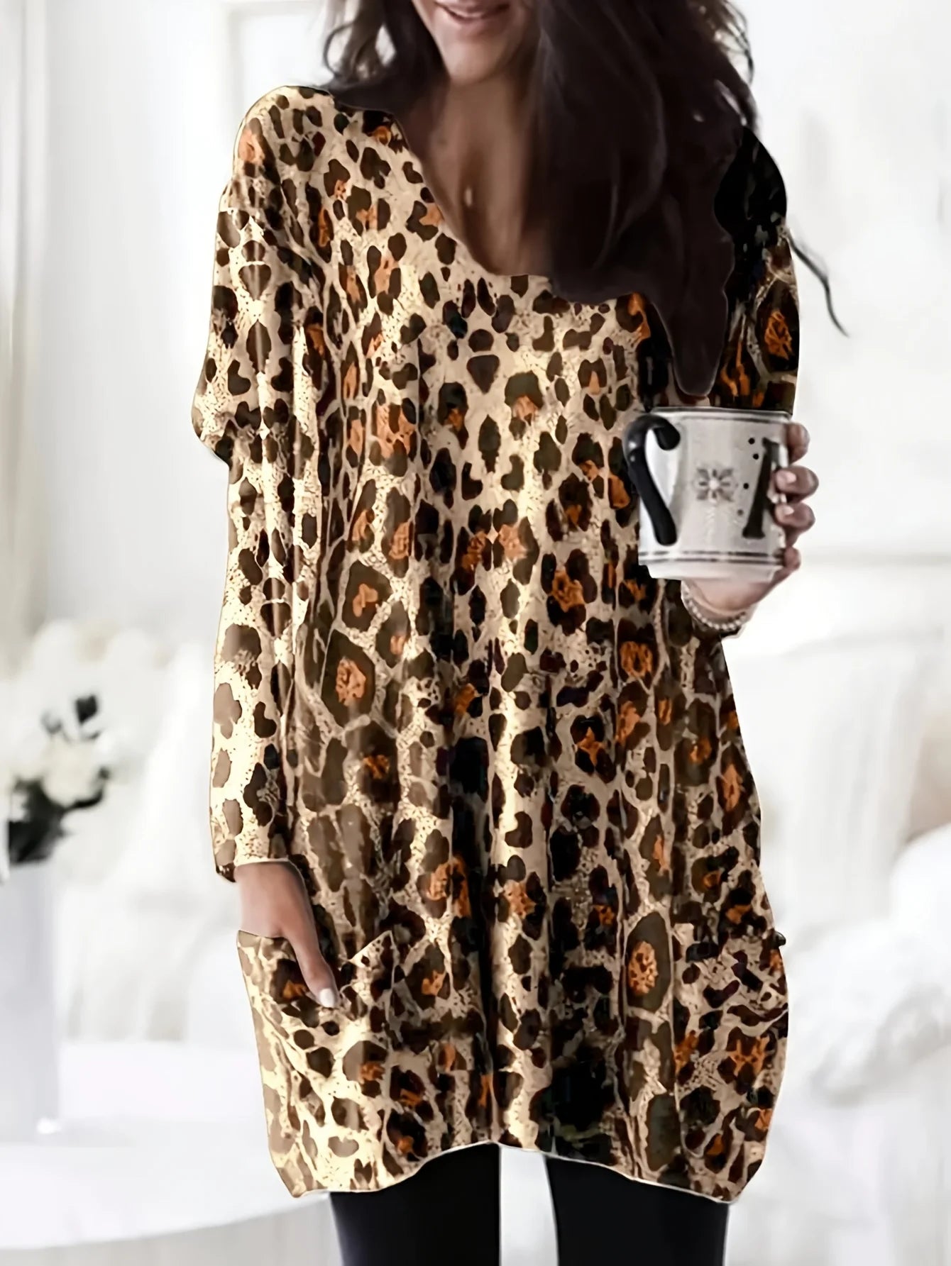 Plus Size Women's Fashion Christmas Printed Pocket Long Sleeved T-shirt Ladies Casual Autumn Winter Home Clothes Long Tee Tops