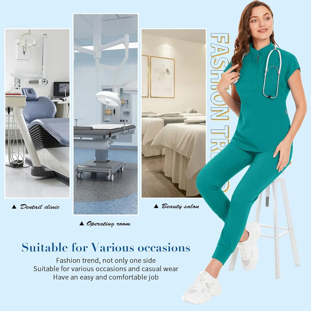 niaahinn Scrubs Set for Women Nurse Uniform Jogger Suit Stretch Top & Pants with Multi Pocket for Nurse Esthetician Workwear