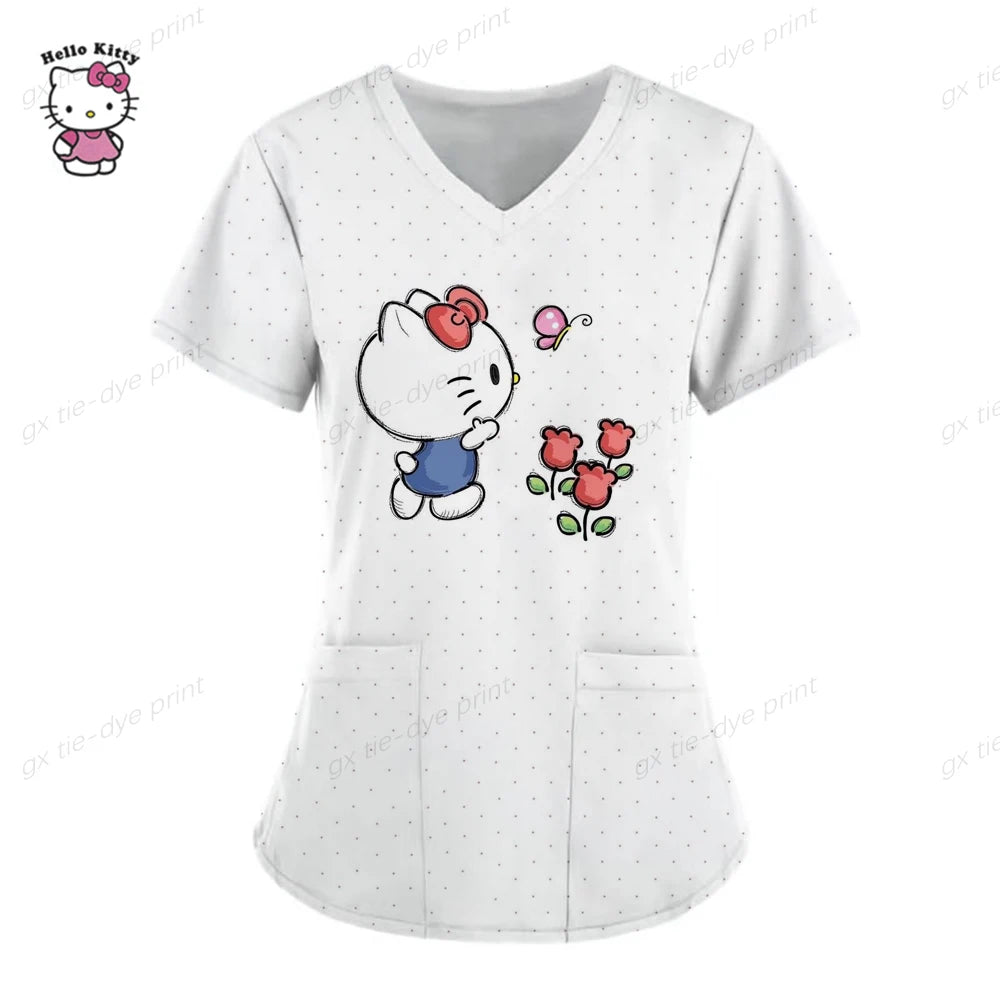 Hello Kitty Uniform Women's Cartoon Hello Kitty Print Nurse Work Shirt Pocket Gown Christmas Healthcare Nurse Scrubs
