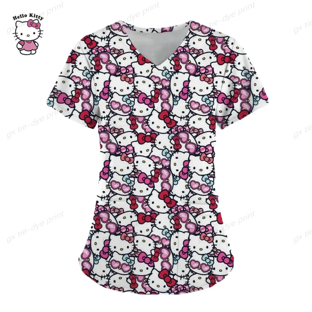 Hello Kitty Uniform Women's Cartoon Hello Kitty Print Nurse Work Shirt Pocket Gown Christmas Healthcare Nurse Scrubs