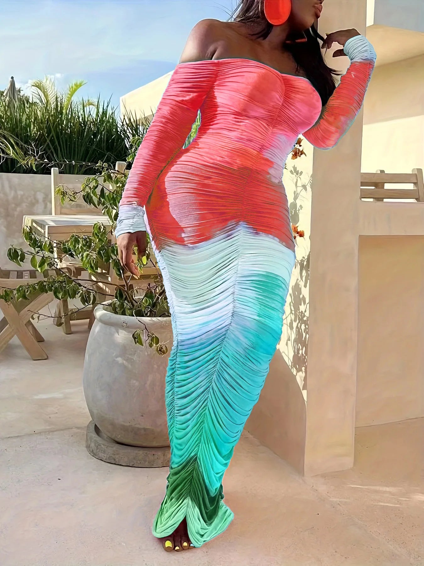 CM.YAYA Women Gradient Tie Dye Printed Off Shoulder Long Sleeve Maxi Long Midi Bodycon Ruched Dress 2023 Sexy Party Club Dresses