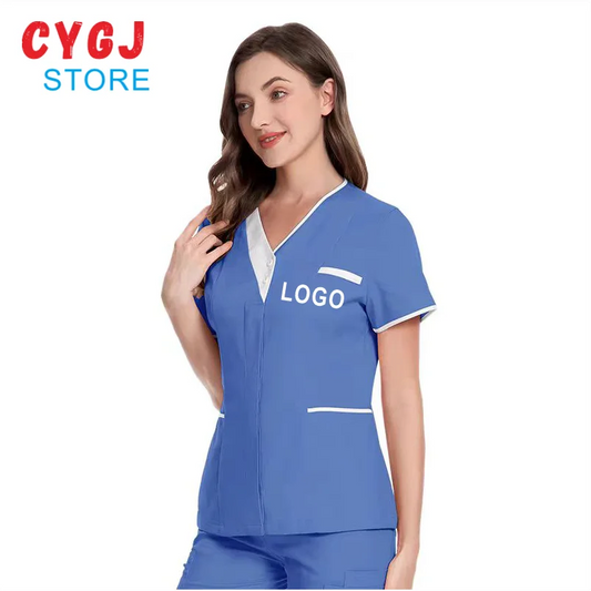 Custom Nurse UniformScrubs Tops Short Sleeve Pocket Clinic Nursing Scrub Tops Healthcare Carer Tunic Design Print Logo