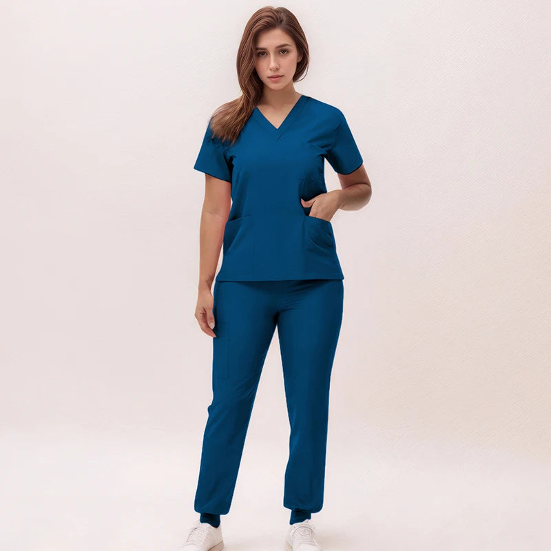 Short Sleeves Nurse Uniforms V-neck Top Jogger Pants  Women Surgical Scrubs Dentist Nursing Suit Pet Hospital Doctor Outfit S21