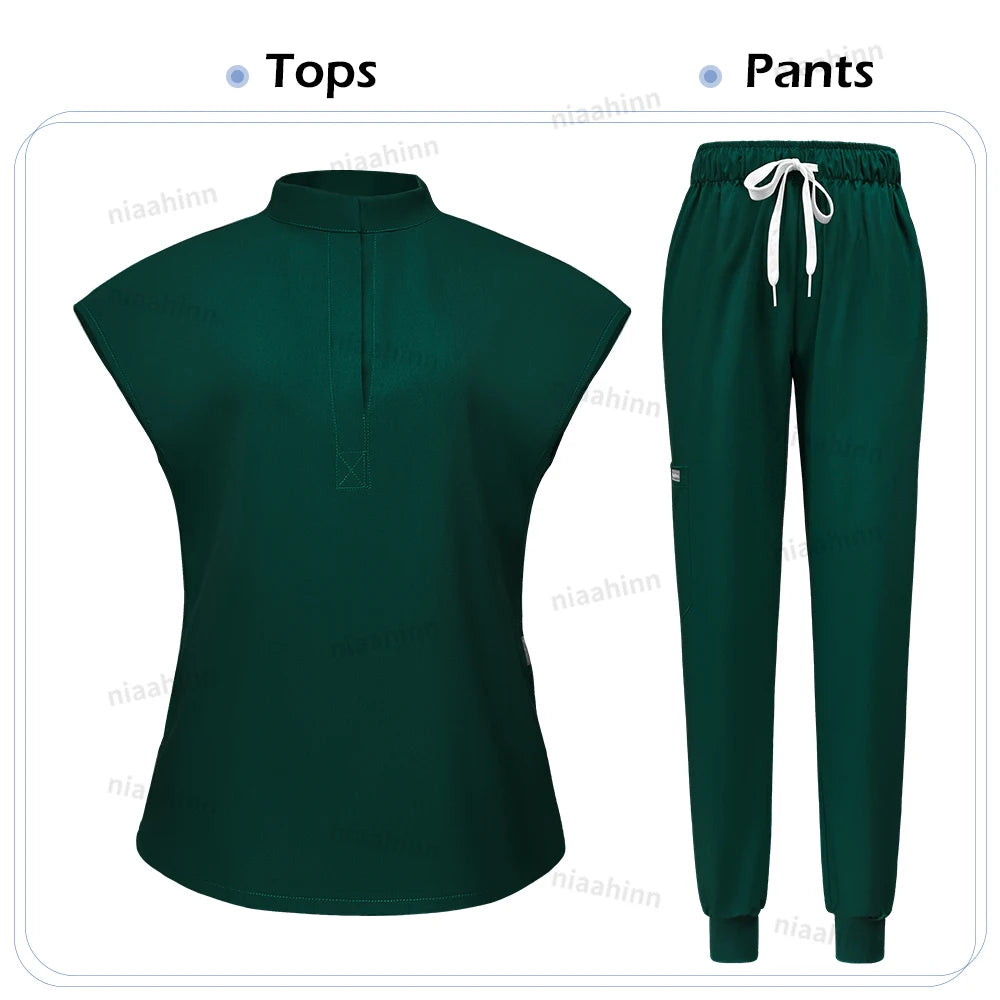 Niaahinn Scrubs Hot Sales Jogger Scrub Sets Women Solid Color Breathable Work Clothes Lab Coat Uniform Hospital Doctor Work Wear